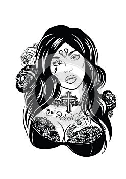 Vector illustration of a beautiful woman. Chicano tattoo style. photo