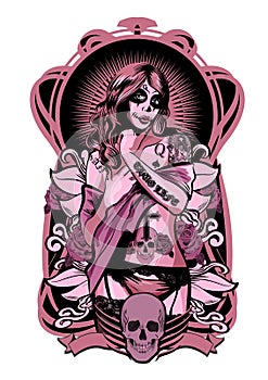 Vector illustration of a beautiful woman. Chicano tattoo style. photo