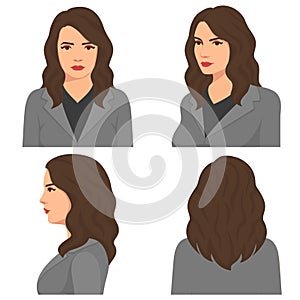 Vector illustration of beautiful woman face on white background. Various turns heads. Face in front view and face in