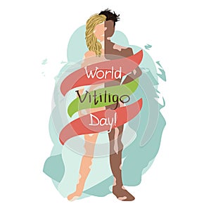 Vector illustration of a beautiful woman and man with vitiligo depigmentation