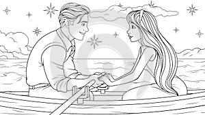 Vector illustration, beautiful young couple in love sails on a boat