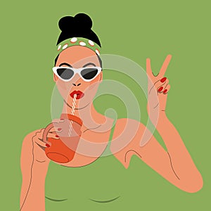 Vector illustration of a beautiful young woman with a cocktail