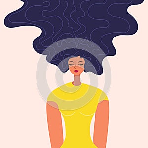 Vector illustration of a beautiful young woman with dark long curly hair.