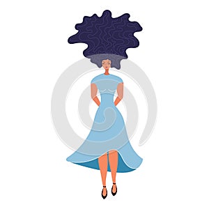 Vector illustration of a beautiful young, woman in a long evening dress in shoes with dark long curly hair. Hairstyle.