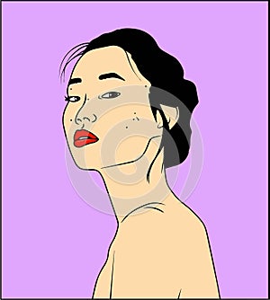 vector illustration, beautifull Japanese young woman with red lips.