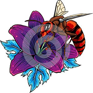 vector illustration of Bee with flowers engraving style isolate on white background