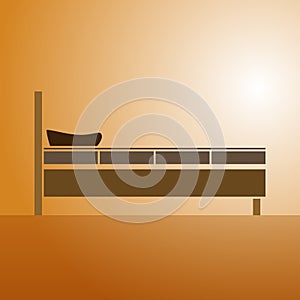 Vector illustration of a big bed for two or one person on a light brown background. Side view. Flat style.