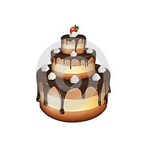 Vector illustration of big chocolate cake with cream and strawbe