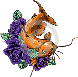 Vector illustration of a big freshwater catfish with flower
