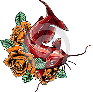 Vector illustration of a big freshwater catfish with flower