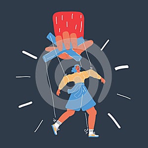 Vector illustration of Big hand of boss hold small woman. Metaphor of woman under the power of the manipulator or public