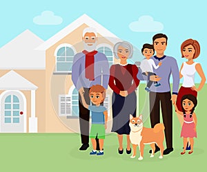 Vector illustration of big happy caucasian family with many children, mother, father with grandmother and grandfather