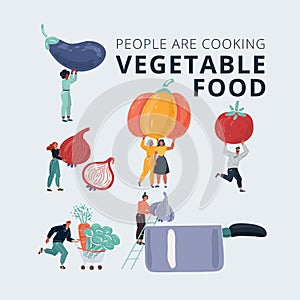 Vector illustration of big harvest vegetables set. Tiny people in cooking prosses. Eggplant, pumpkin, tomato, onion