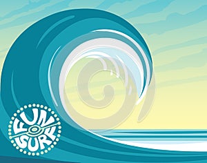 Vector illustration with big wave, blue ocean and surfing logo. Tropical nature and water sport - surfing