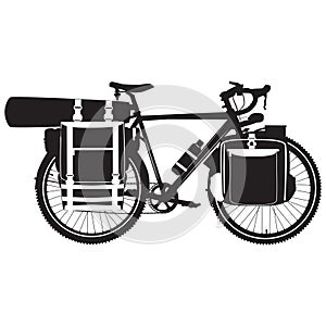 Vector illustration of bikepacking touring bike black silhouette