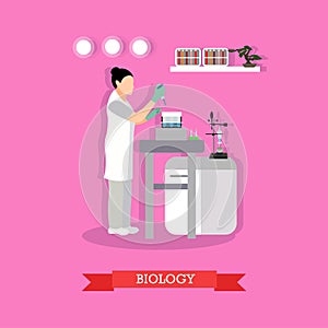 Vector illustration of biological lab, biologist, laboratory glassware and equipment