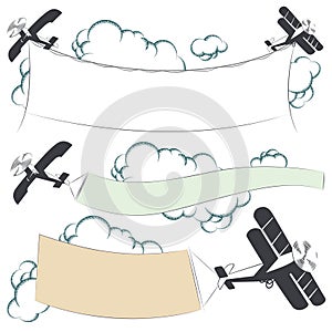 Vector illustration. Biplane aircraft pulling advertisement banner