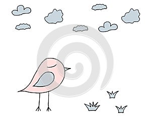 Vector illustration, bird, grass and clouds, color print, doodling for paper design, fabric, interior