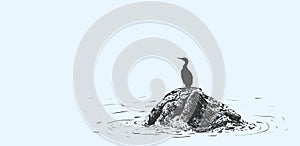 Vector illustration of a bird sitting on a stone in the sea, a sketch made by hand photo