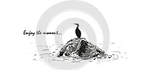Vector illustration of a bird sitting on a stone in the sea, a sketch made by hand photo