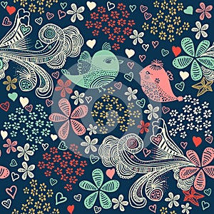 Vector illustration with birds, flowers and hearts.
