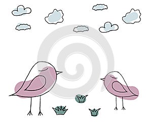 Vector illustration, birds, grass and clouds, color print, doodling for paper design, fabric, interior