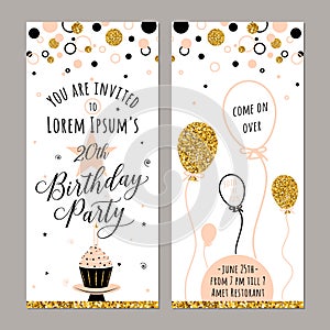 Vector illustration of birthday invitation. Face and back sides. Party background with cupcake, ballon and gold sparkles