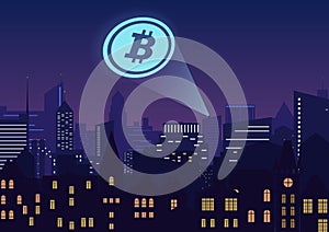 Vector illustration of bitcoin cryptocurrency projector in city at night.