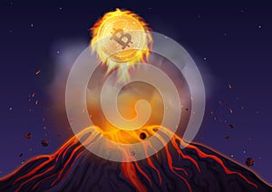Vector illustration of bitcoin in fire flying out of volcano at night. Bitcoin volcano explosion.