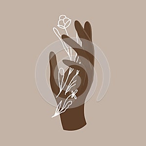 Vector illustration of a black African American hand with white doodle flowers. Flat and line art isolated. Trend, naturalness and