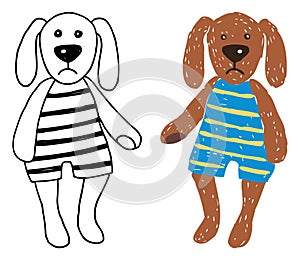 Vector illustration of black contour and colorful silhouette drawing vintage toy plush dog isolated on white