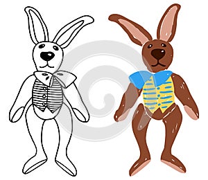 Vector illustration of black contour and colorful silhouette drawing vintage toy plush rabbit in yellow vest isolated on white