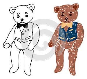 Vector illustration of black contour and colorful silhouette drawing vintage toy plush teddy bear in blue vest isolated on white