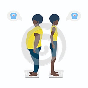 Vector Illustration of a black girl showing the weight before and after. A fat and slim female figure. Eps 10