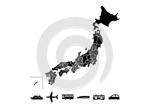 Vector illustration of black Japan map and transportation icons. White background.