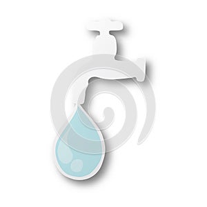 Vector illustration black line hand drawn of blue drop water on water tap cut paper with shadow isolated on white background.