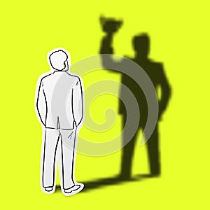 Vector illustration black line hand drawn of businessman with winner shadow holding trophy cup  on cut paper with shadow isolated