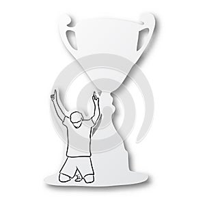 Vector illustration black line hand drawn of soocer player celebration on trophy shape cut paper with shadow isolated on white