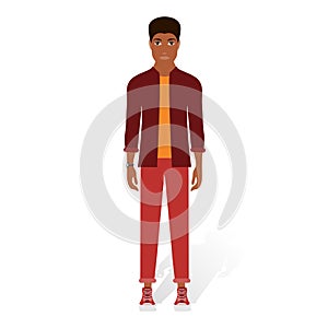 Vector illustration of black man in casual clothes on the white background. Cartoon realistic people illustartion.