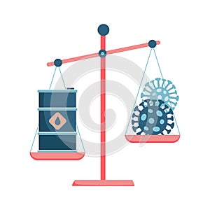 Vector illustration of a black oil barrel on a scale with Coromavirus . the fall in the price per barrel under the influence of