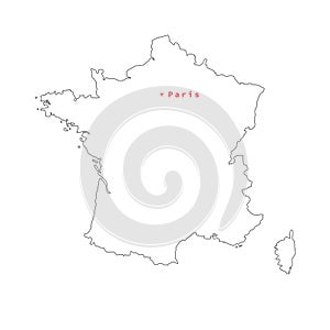 Vector illustration of black outline France map with capital city Paris.
