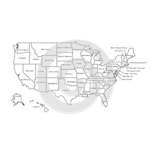 Vector illustration of black outline United States of America map with states
