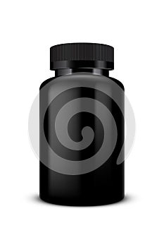 Vector illustration of a black plastic bottle of a pills, package template