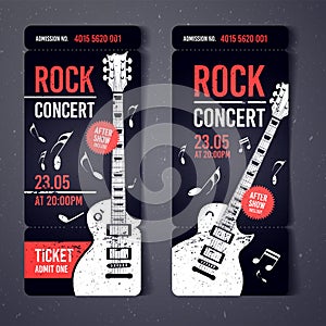 Vector illustration black rock concert ticket design template with black guitar and cool grunge effects in the background