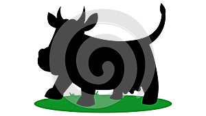 Black silhouette cow. Isolated white background. Icon cow side view profile. Cartoon style on green grass