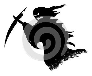 Vector Illustration of Black Silhouette of Creepy or Spooky Halloween Ghost With Scythe or Death Grim Reaper on White