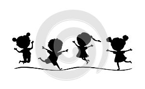 Vector illustration black silhouette kids running and jumping isolated on white background