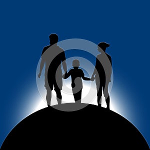 Vector illustration black silhouette married couple man, woman, child holding hands standing on the surface of the earth and