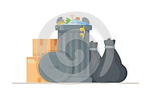 Vector illustration of black trash bags standing near a trash can. The concept of garbage.