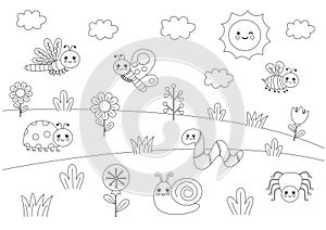 Vector illustration of black and white cute insects in nature. Coloring page.